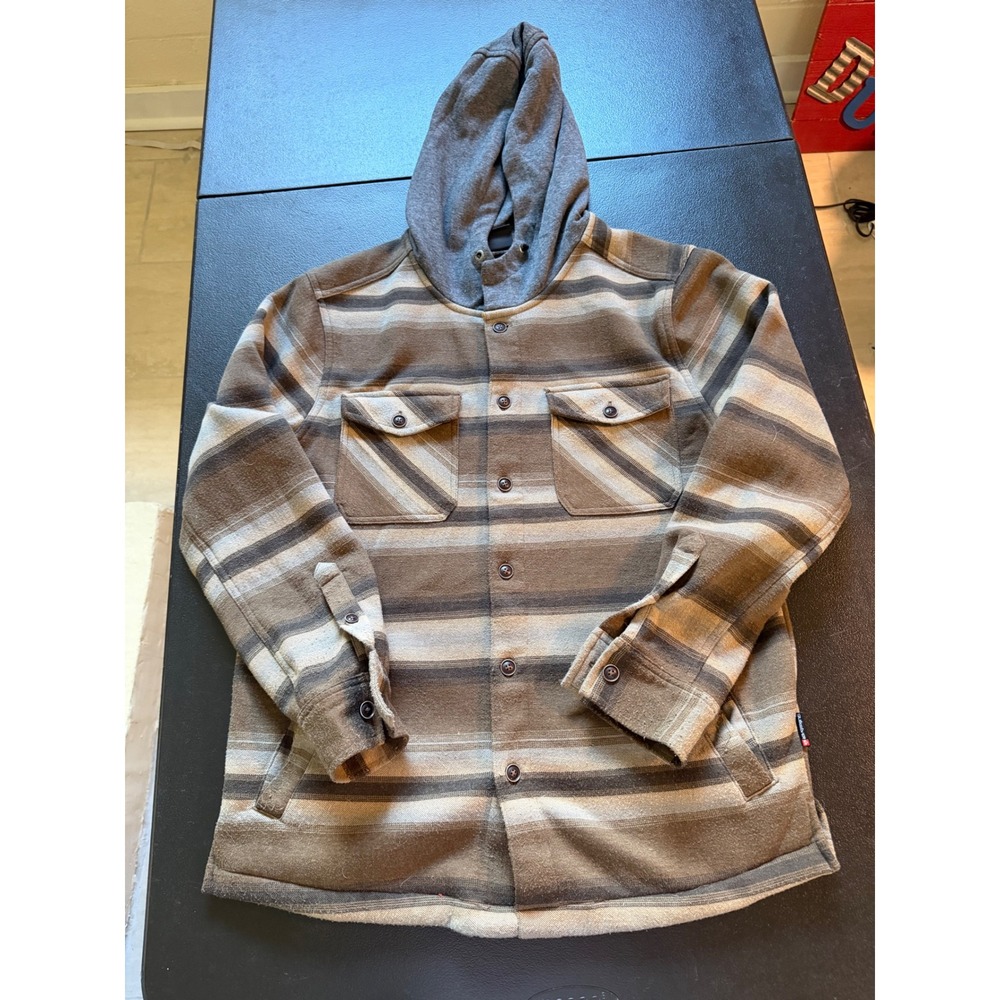 Quiksilver Mens Small Striped Hooded Flannel Shirt Jacket Brown Tan Grey